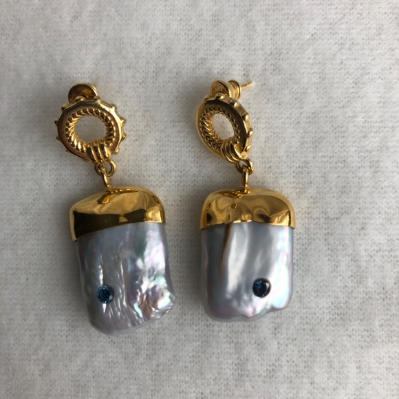 BAROQUE SILVER PERAL with Nano stone earrings  set in 24 K plated silver - Picture 2 of 2